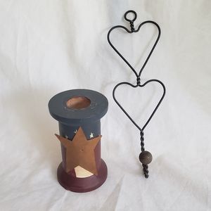 Red White Blue Primitive Thin Taper Candle Holder and Twisted Heart Hook